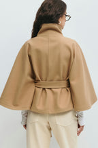 Cape Coat with High Collar & Bow Belt – Elegant Winter Cape