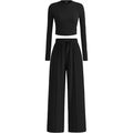 Women's Long-Sleeve Fitted Top and Wide-Leg Trousers Set