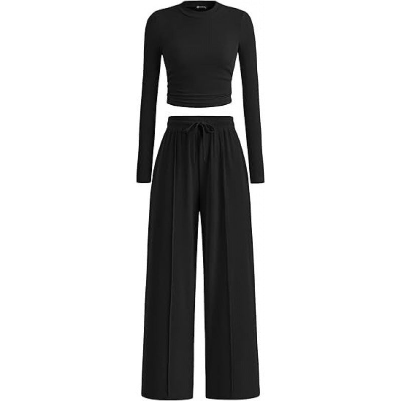 Women's Long-Sleeve Fitted Top and Wide-Leg Trousers Set