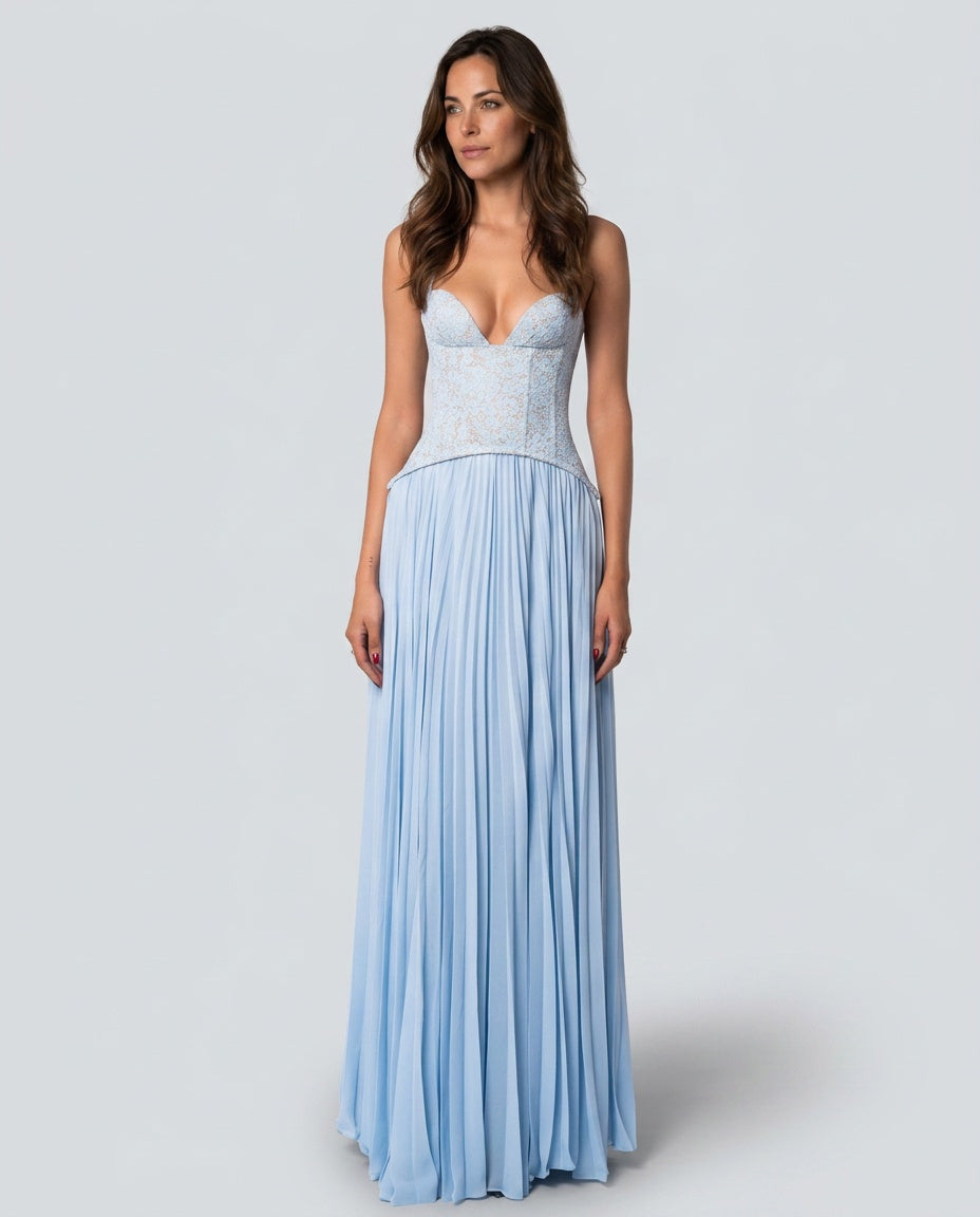 Sweetheart Lace Chiffon Pleated Maxi Dress