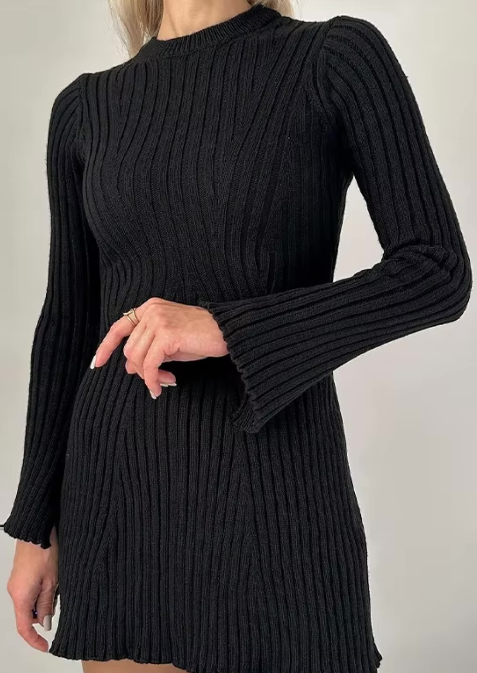 Knitted Mini Dress with Long Sleeves – Ribbed Stretch Jumper Dress