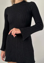 Knitted Mini Dress with Long Sleeves – Ribbed Stretch Jumper Dress