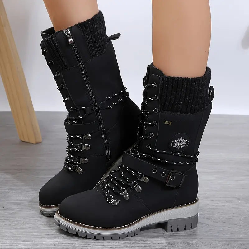 Women's Lace-Up Mid-Calf Winter Boots – Knitted-Cuff Zip-Up Chunky-Sole