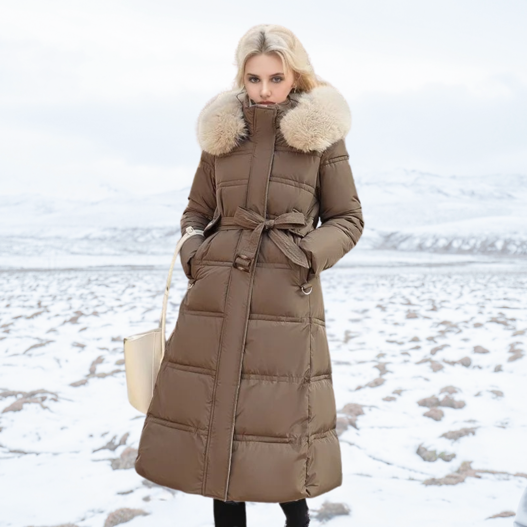 Women's Belted Long Puffer Coat – Faux-Fur Collar Padded Winter Style