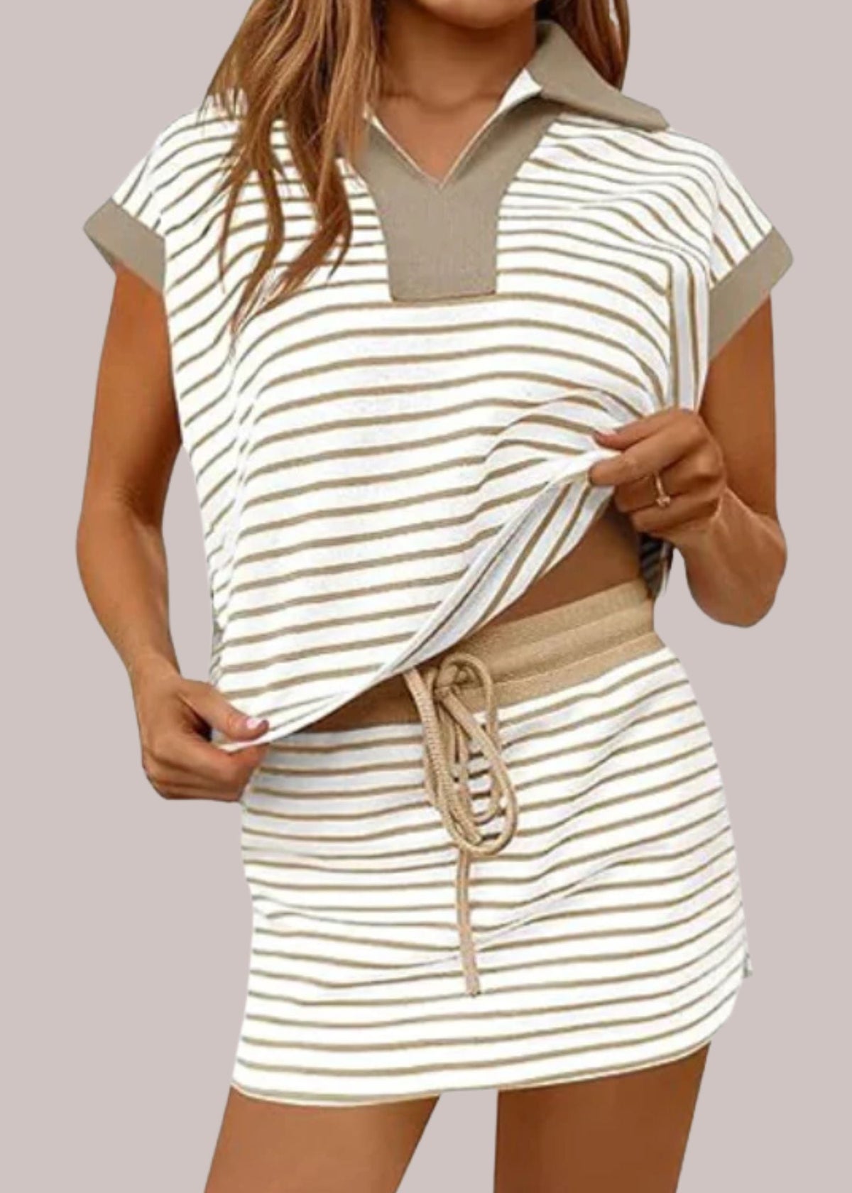 Women's Relaxed Long Sleeve Polo Top and Drawstring Skort Set
