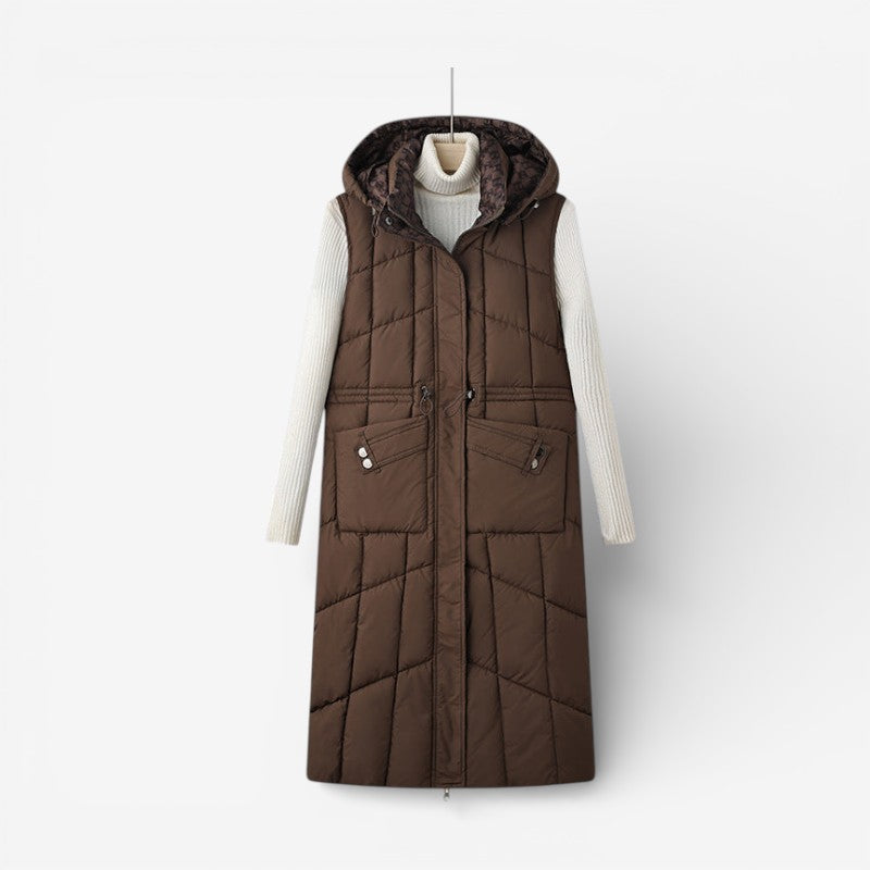 Women's Longline Reversible Quilted Gilet with Hood and Adjustable Waist