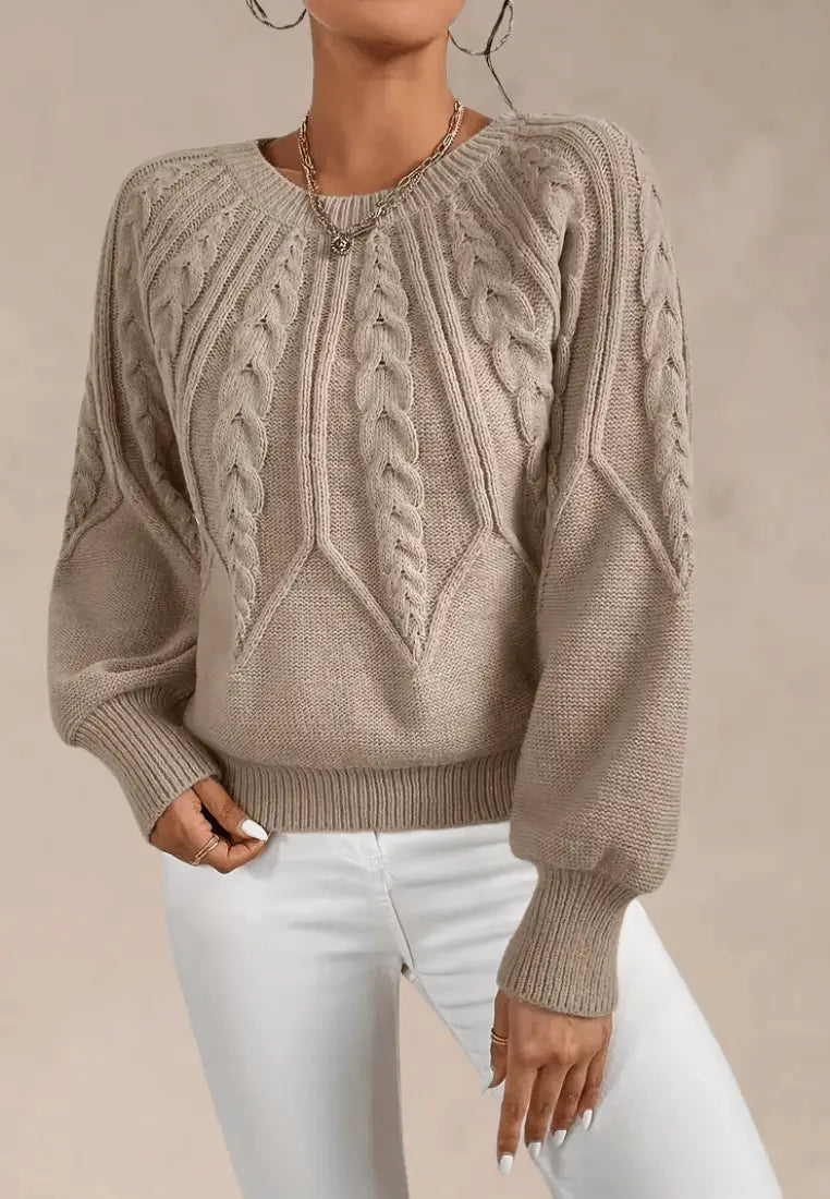 Women's Elegant Cable Knit Crew Neck Sweater with Puff Sleeves and Ribbed