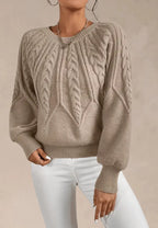 Women's Elegant Cable Knit Crew Neck Sweater with Puff Sleeves and Ribbed