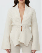 Women's Chunky Ribbed Knit Cardigan with Deep V-Neck and Single Button