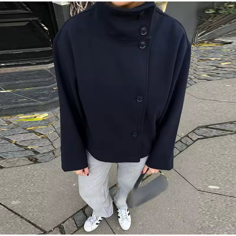 Peacoat Winter Jacket with High Collar – Short Minimalist Coat