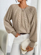 Cable Knit Jumper with Balloon Sleeves – Khaki