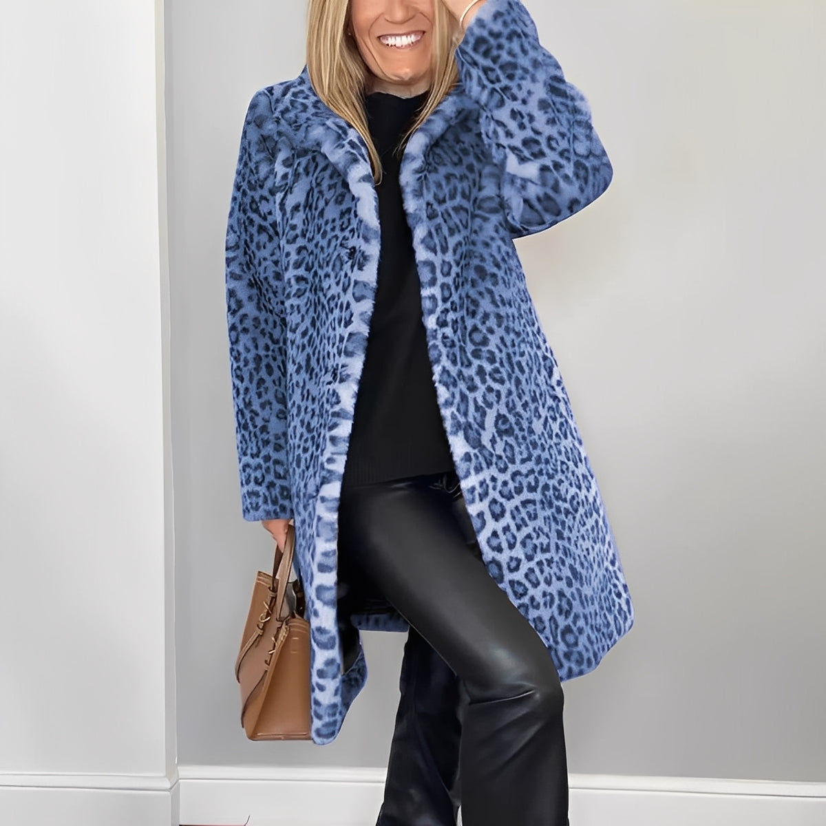 Women's Elegant Leopard Print Faux Fur Winter Coat with Plush Oversized