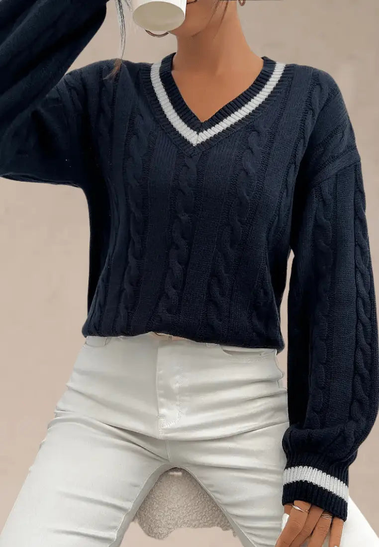 Women's Classic Cable Knit V-Neck Sweater with Contrast Ribbed Trim