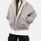 Women's Cropped Hooded Winter Bomber Jacket with Plush faux fur Trim