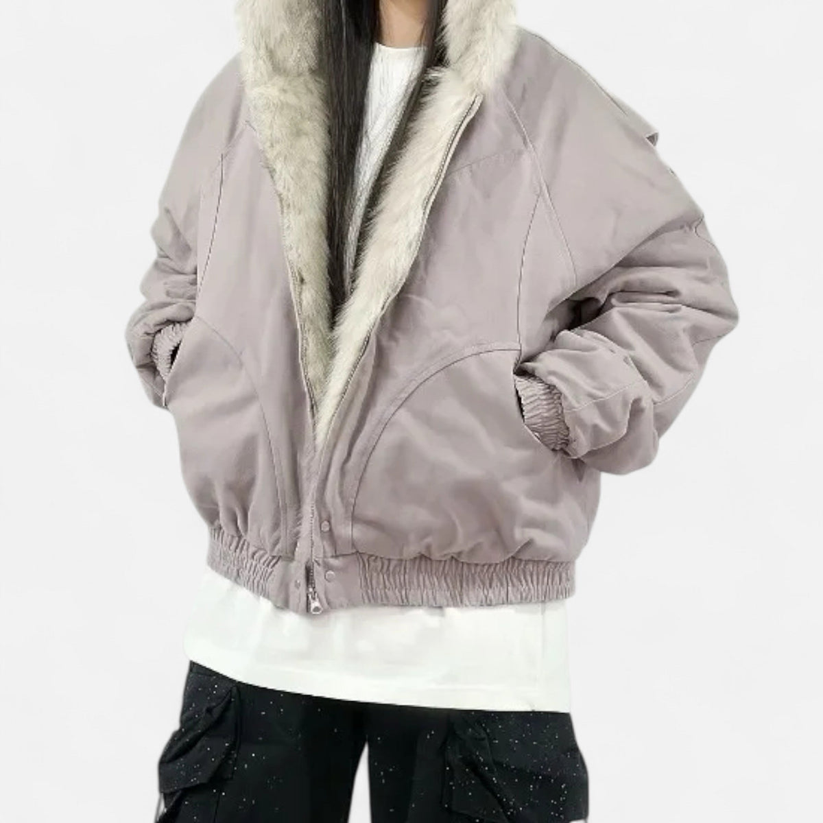 Women's Cropped Hooded Winter Bomber Jacket with Plush faux fur Trim