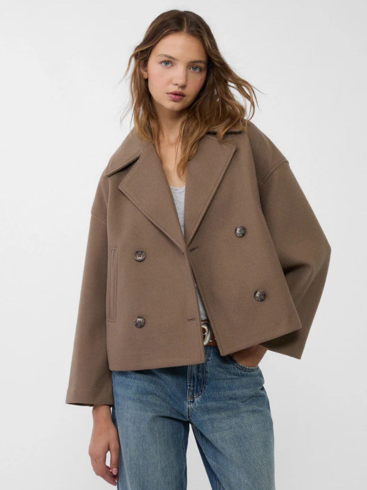 Cropped Double-Breasted Wool-Blend Jacket with Wide Collar