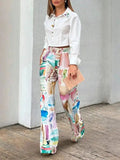 Women's Printed Wide-Leg Trousers – High-Waisted Cotton-Blend Style for Spring and Summer Everyday Wear
