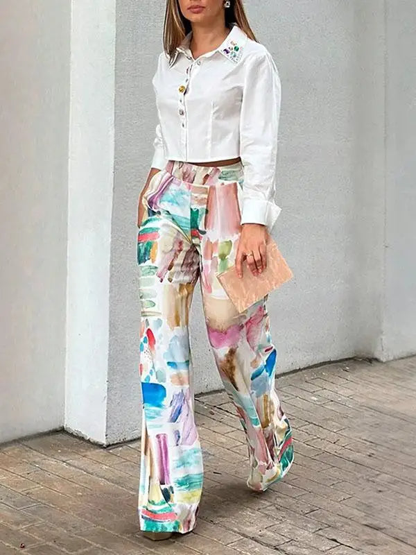 Women's Printed Wide-Leg Trousers – High-Waisted Cotton-Blend Style for Spring and Summer Everyday Wear