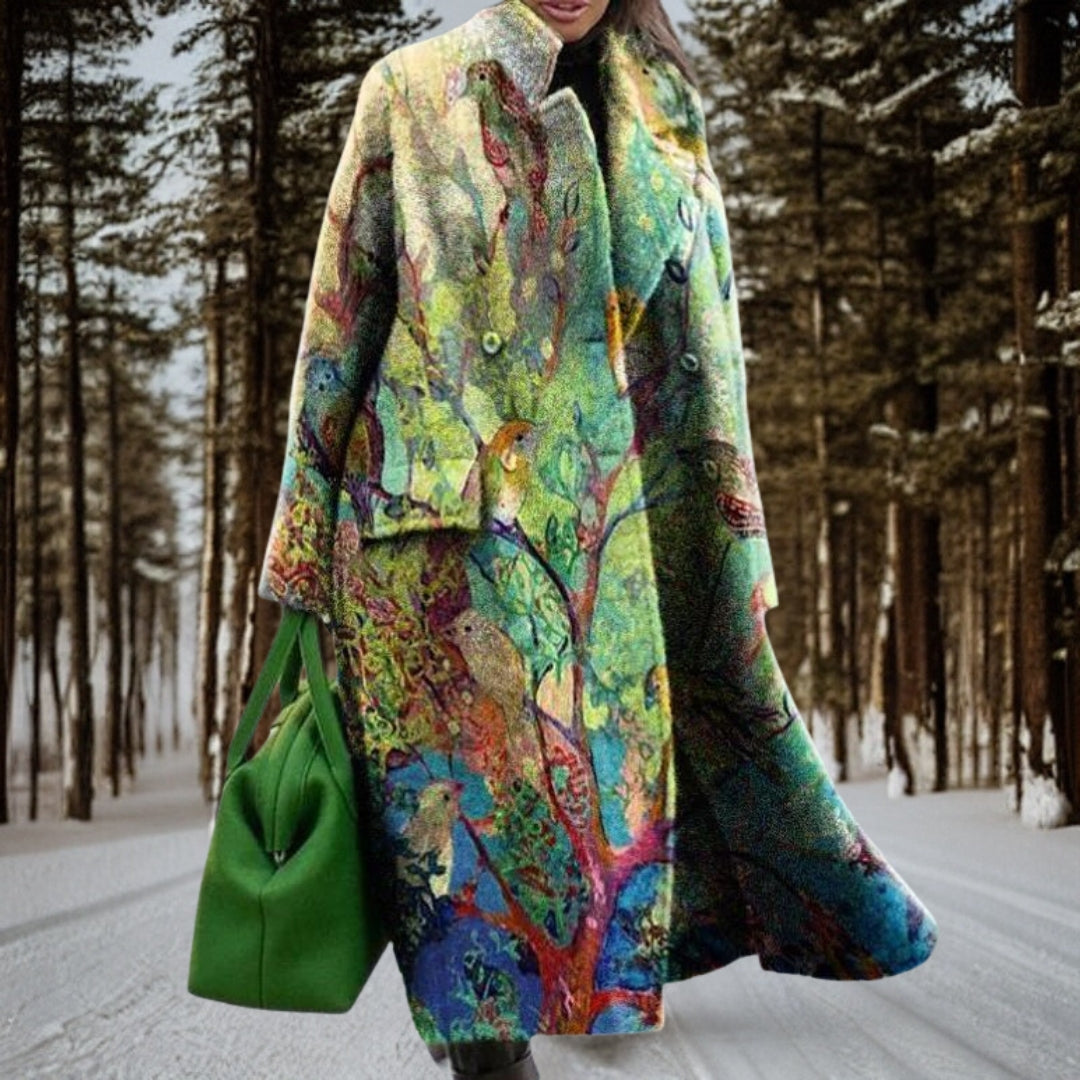 Women's Elegant Longline Winter Coat with Statement Printed Design