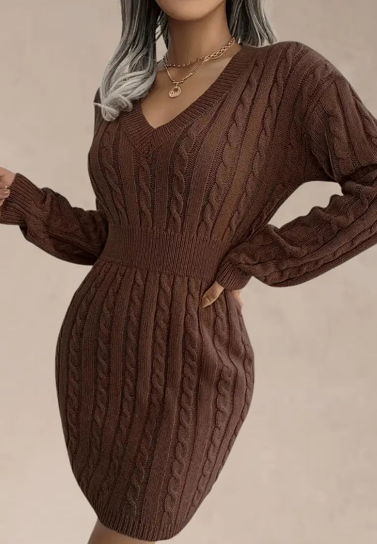 Women's Elegant Cable Knit V-Neck Mini Dress with Fitted Ribbed Waist