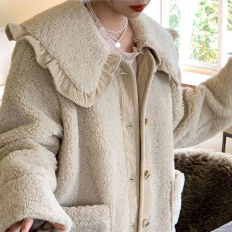 Women's Longline Teddy Fleece Coat with Oversized Ruffled Collar