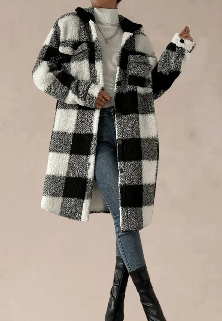 Women's Longline Teddy Fleece Coat with Classic Printed Design and Button