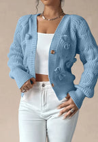 Women's Cable Knit Cardigan with Decorative Bows and V-Neck
