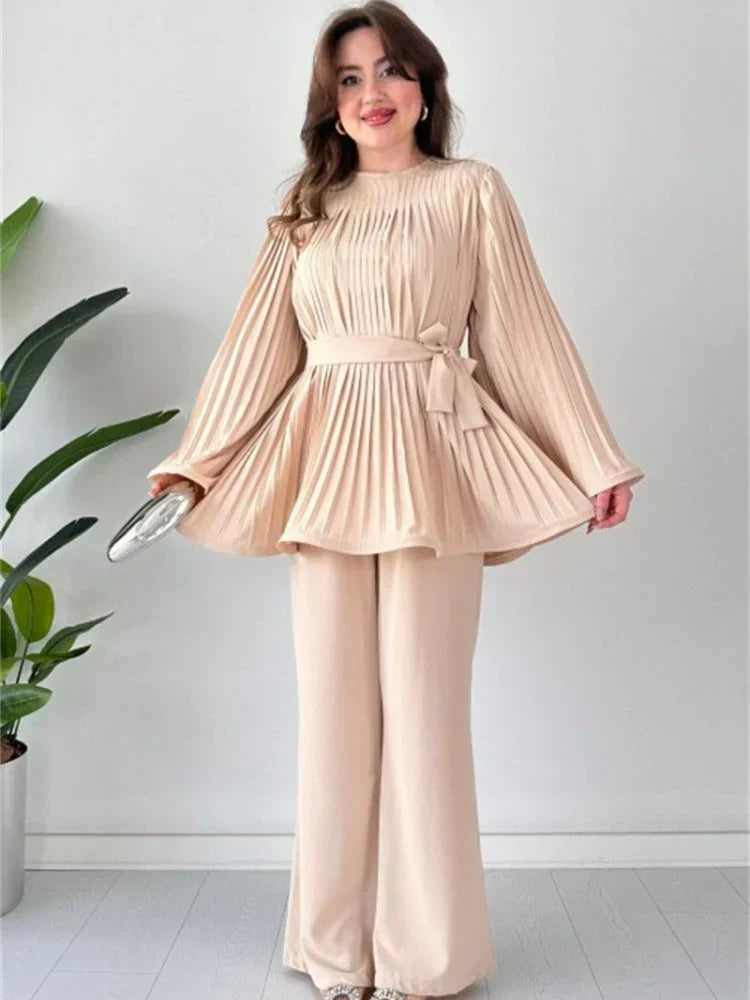 Women's Pleated Long-Sleeve Tunic and Wide-Leg Trousers Set with Tie Waist