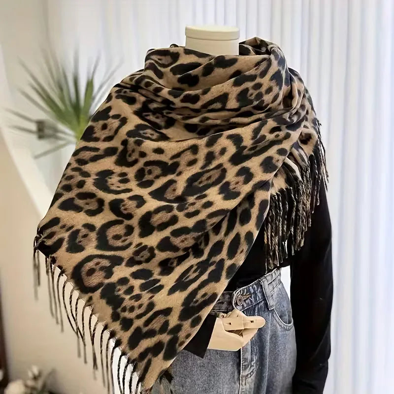 Leopard Print Winter Scarf with Fringes – Bohemian Blanket Scarf