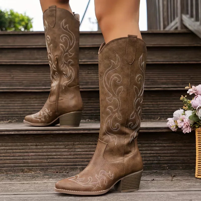 Knee High Embroidered Cowboy Boots with Pointed Toe
