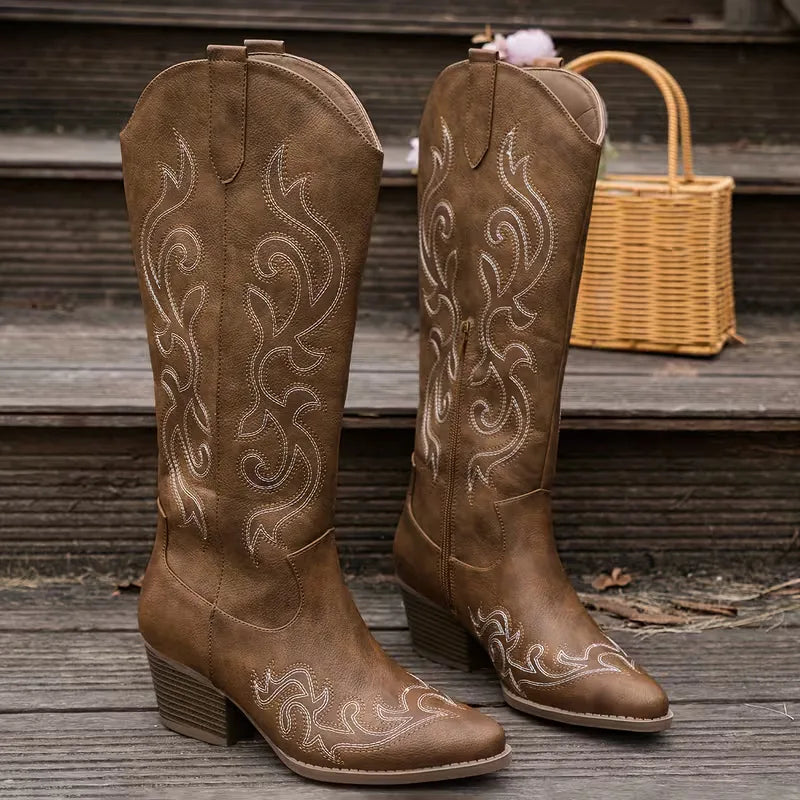 Knee High Embroidered Cowboy Boots with Pointed Toe