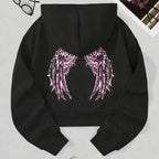 Women's Cropped Pullover Hoodie with Printed Back Detail and Adjustable