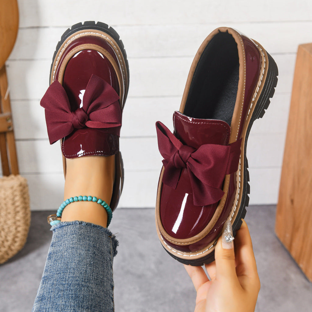 Women's Retro Platform Shoes with Bow – Chunky Sole Comfort Flats