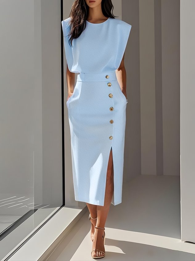 Sleeveless Button-Detail Bodycon Midi Dress