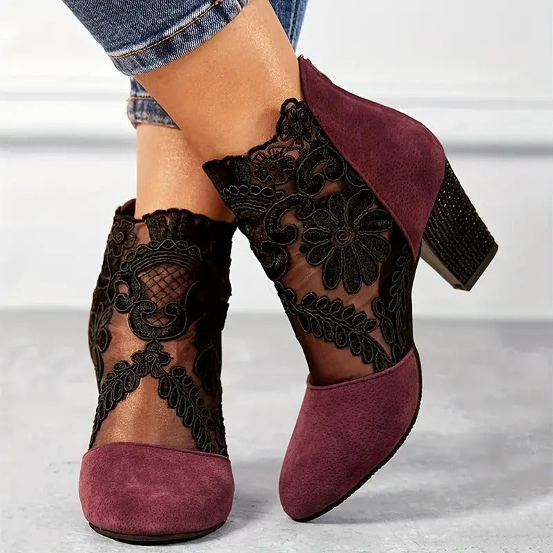 Women's Lace-Panel Heeled Ankle Boots – Floral Sheer Block-Heel Style