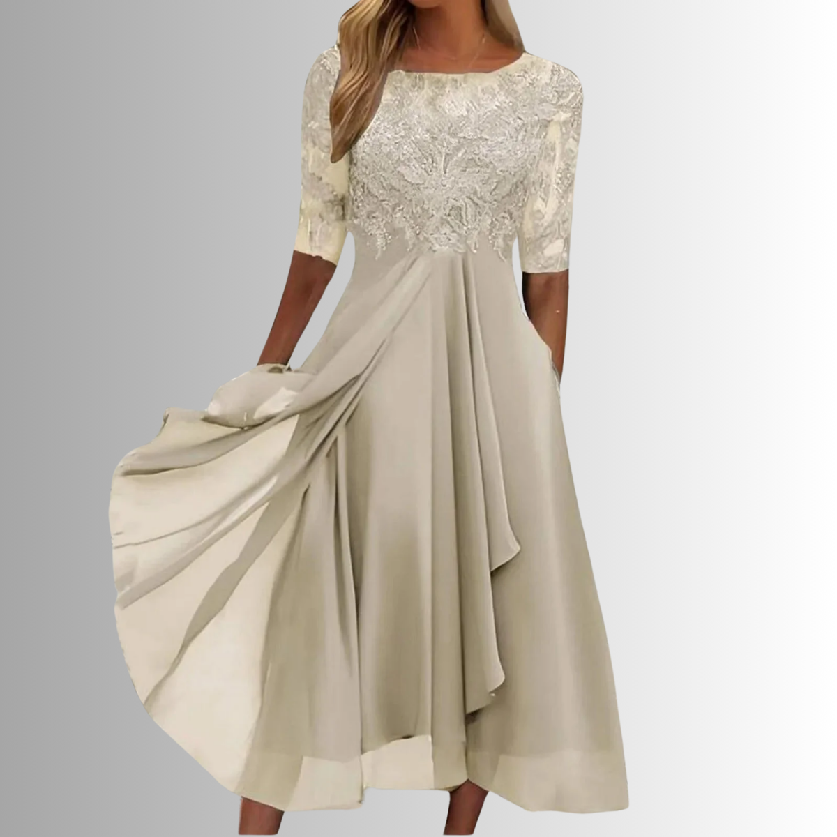 Lace Bodice Chiffon Midi Dress – Wedding Guest Dress