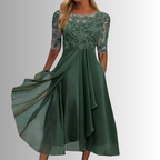 Lace Bodice Chiffon Midi Dress – Wedding Guest Dress