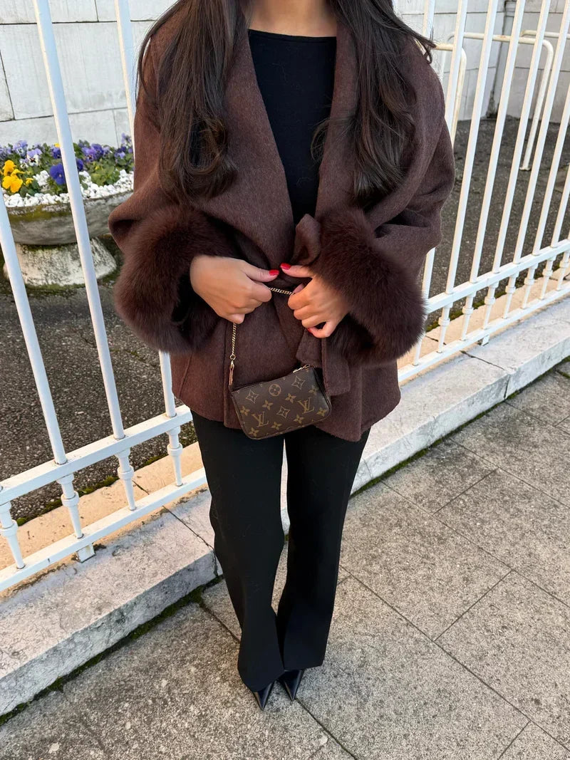 Women's Belted wool-blend Wrap Coat with faux fur-Trimmed Cuffs