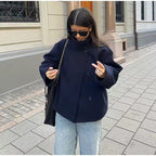 Peacoat Winter Jacket with High Collar – Short Minimalist Coat