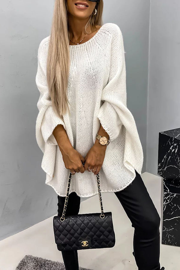 Women's Draped Knit Poncho – Relaxed Round-Neck Sweater