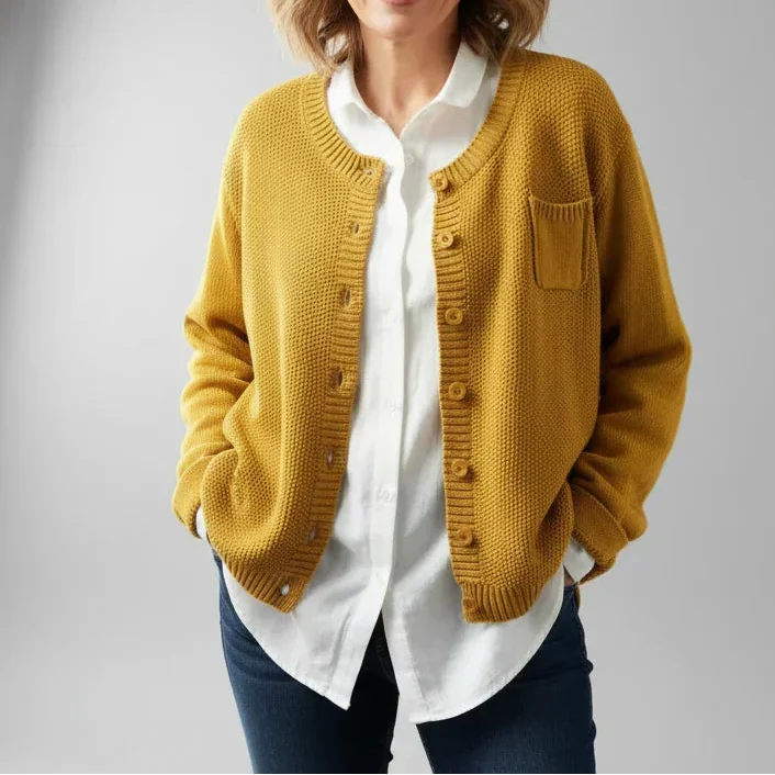 Women's Textured Knit Button-Up Cardigan with Round Neck and Chest Pocket