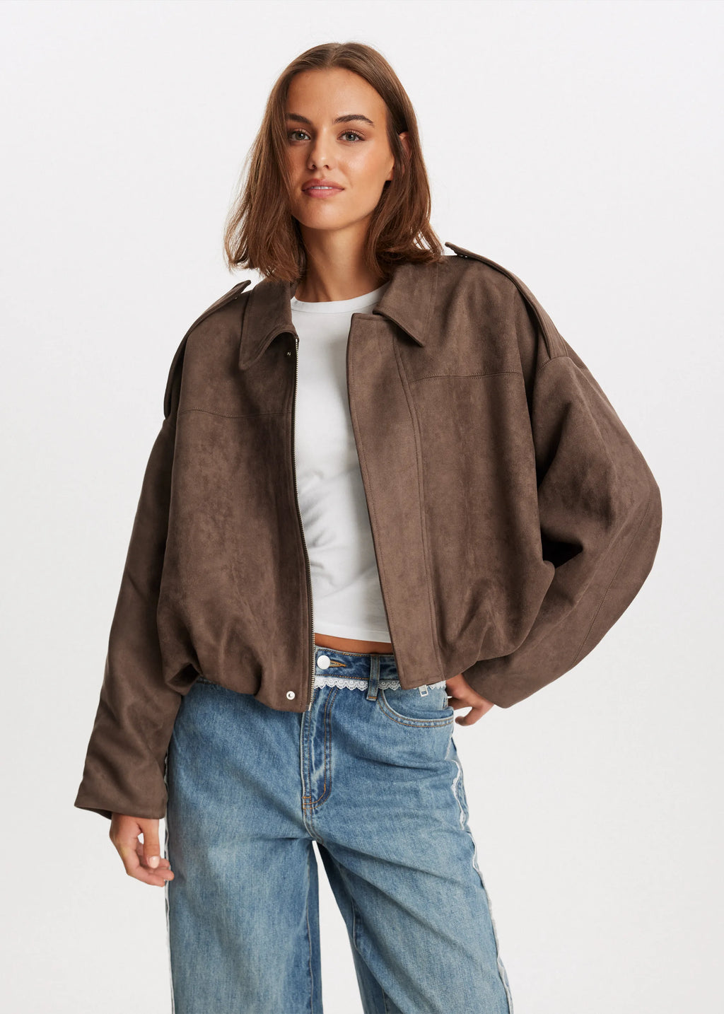 Cropped Suede Look Jacket with Shoulder Epaulettes – Women's Utility Jacket