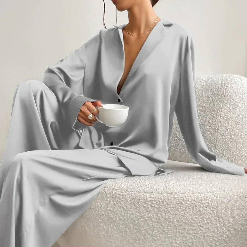 Women's Relaxed Pyjama Co-Ord Set – Button-Up Long-Sleeve Shirt