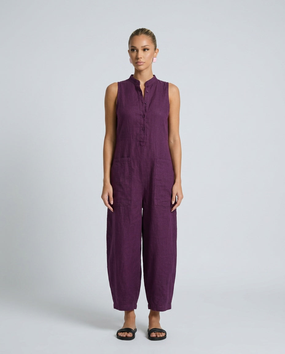 Linen-Blend Sleeveless Loose Jumpsuit