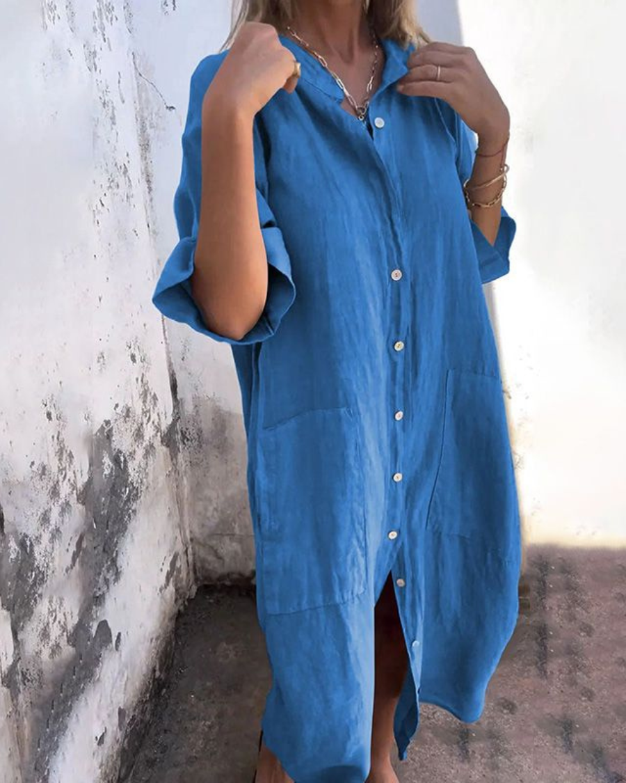 Linen Button-Up Boho Shirt Dress