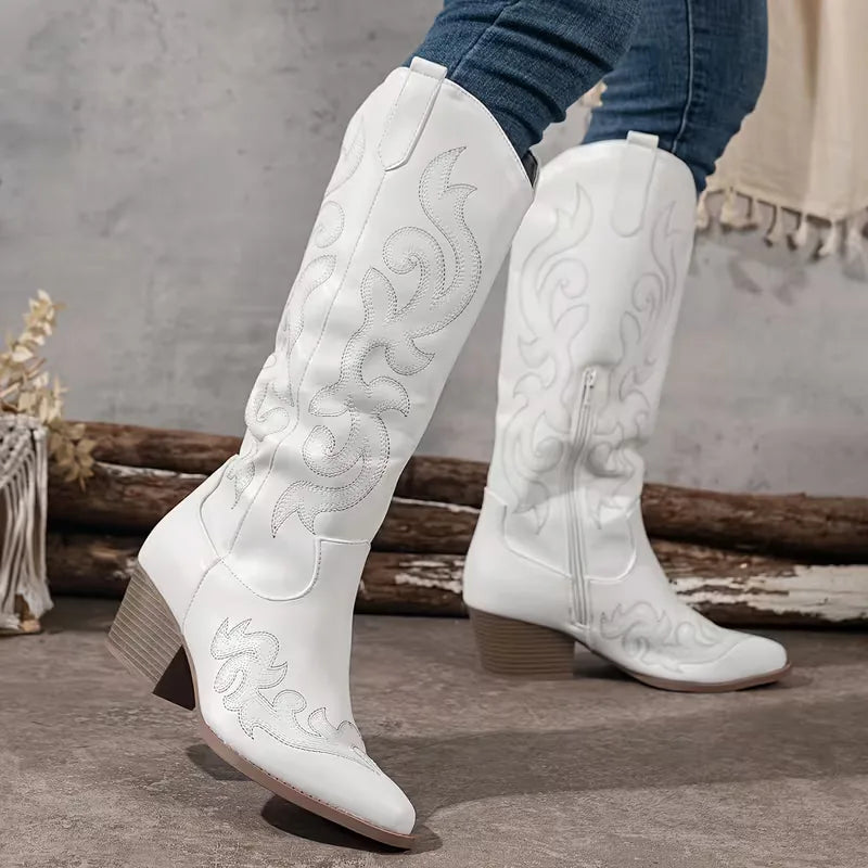 Knee High Embroidered Cowboy Boots with Pointed Toe