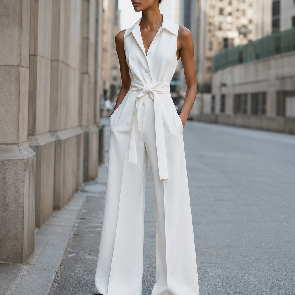 Women's Sleeveless Collared Wide-Leg Jumpsuit – Belted Tailored Style for Elegant Workdays Summer Events and Refined Day-to-Night Dressing