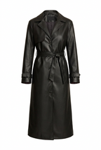 Women's Elegant Longline Faux Leather Trench Coat with Adjustable Waist