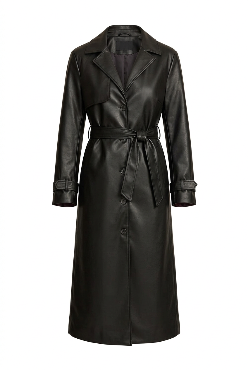 Women's Elegant Longline Faux Leather Trench Coat with Adjustable Waist