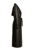Women's Elegant Longline Faux Leather Trench Coat with Adjustable Waist